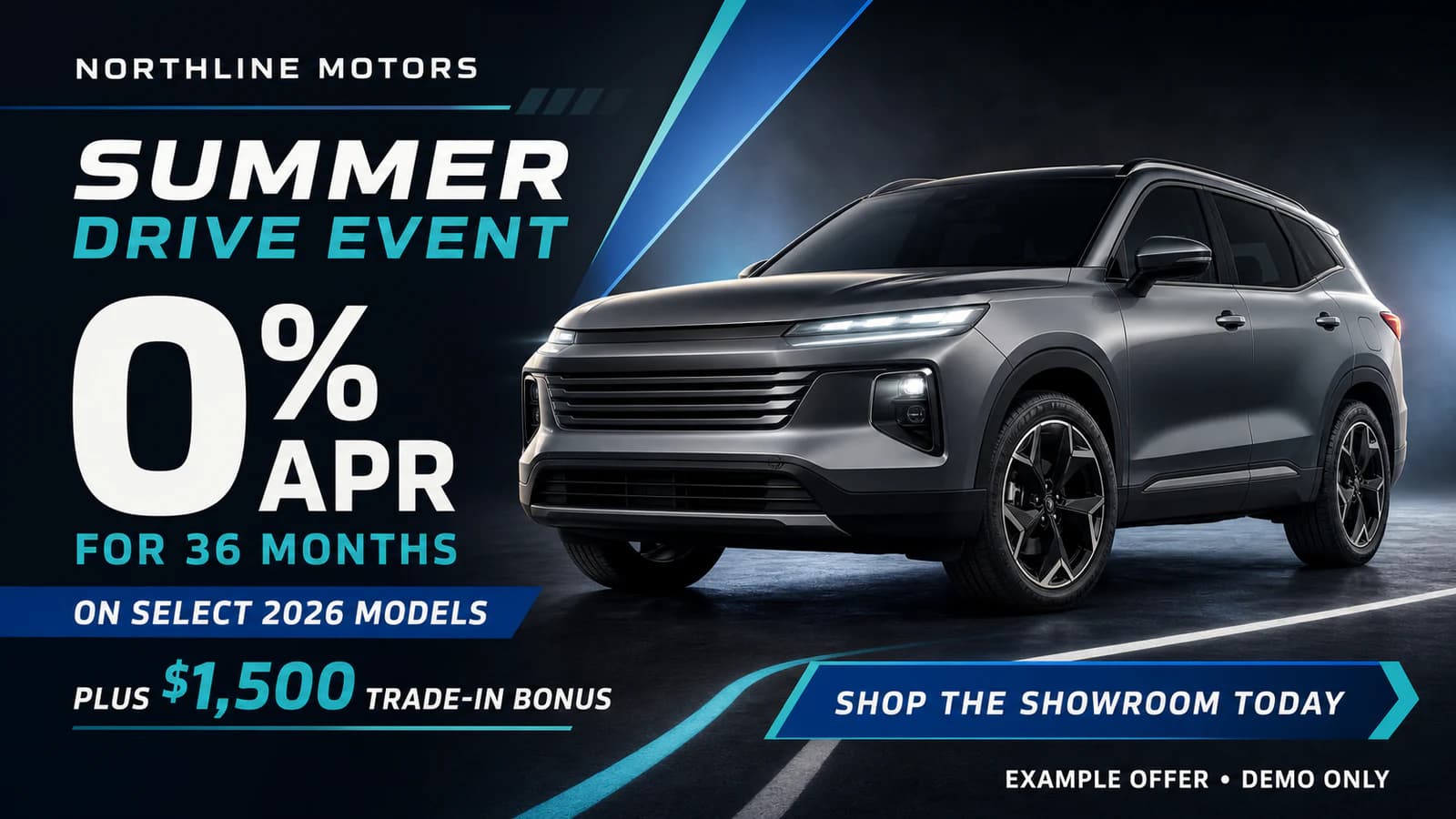 Northline Motors fictional zero-percent financing board