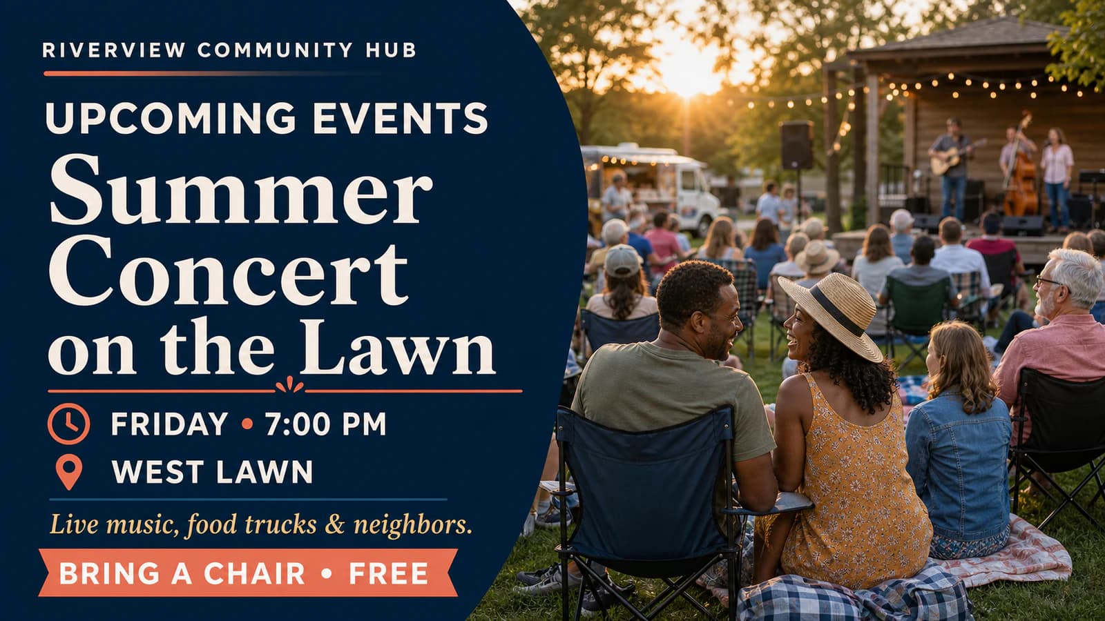 Riverview Community Hub board for a summer lawn concert