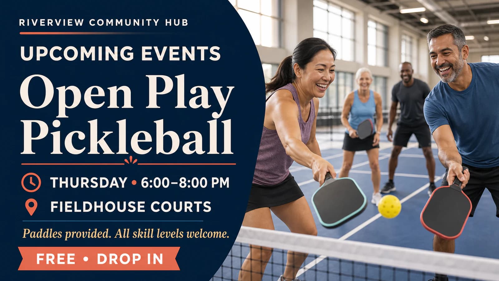 Riverview Community Hub board for open play pickleball