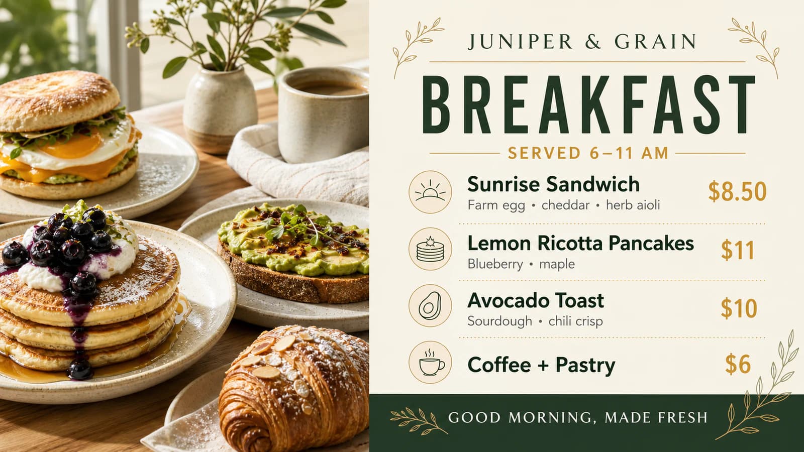 Juniper and Grain breakfast menu board