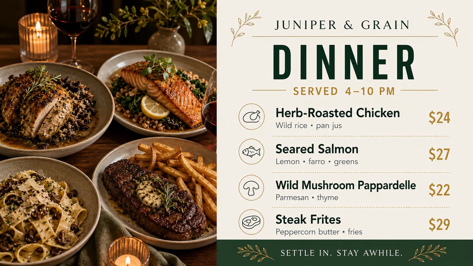 Juniper and Grain dinner menu board