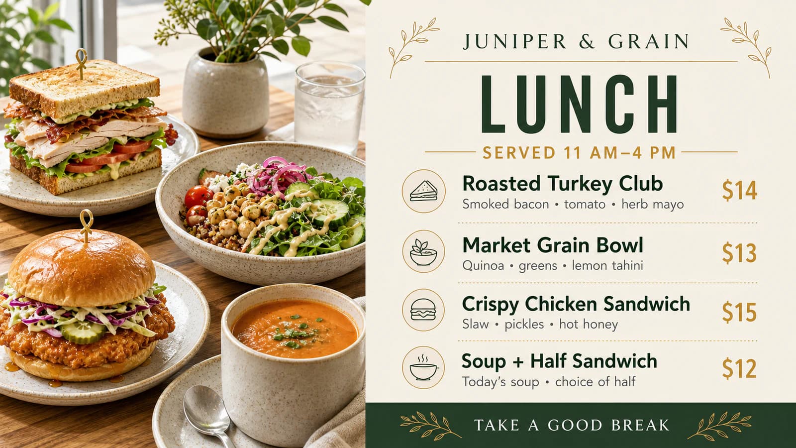 Juniper and Grain lunch menu board