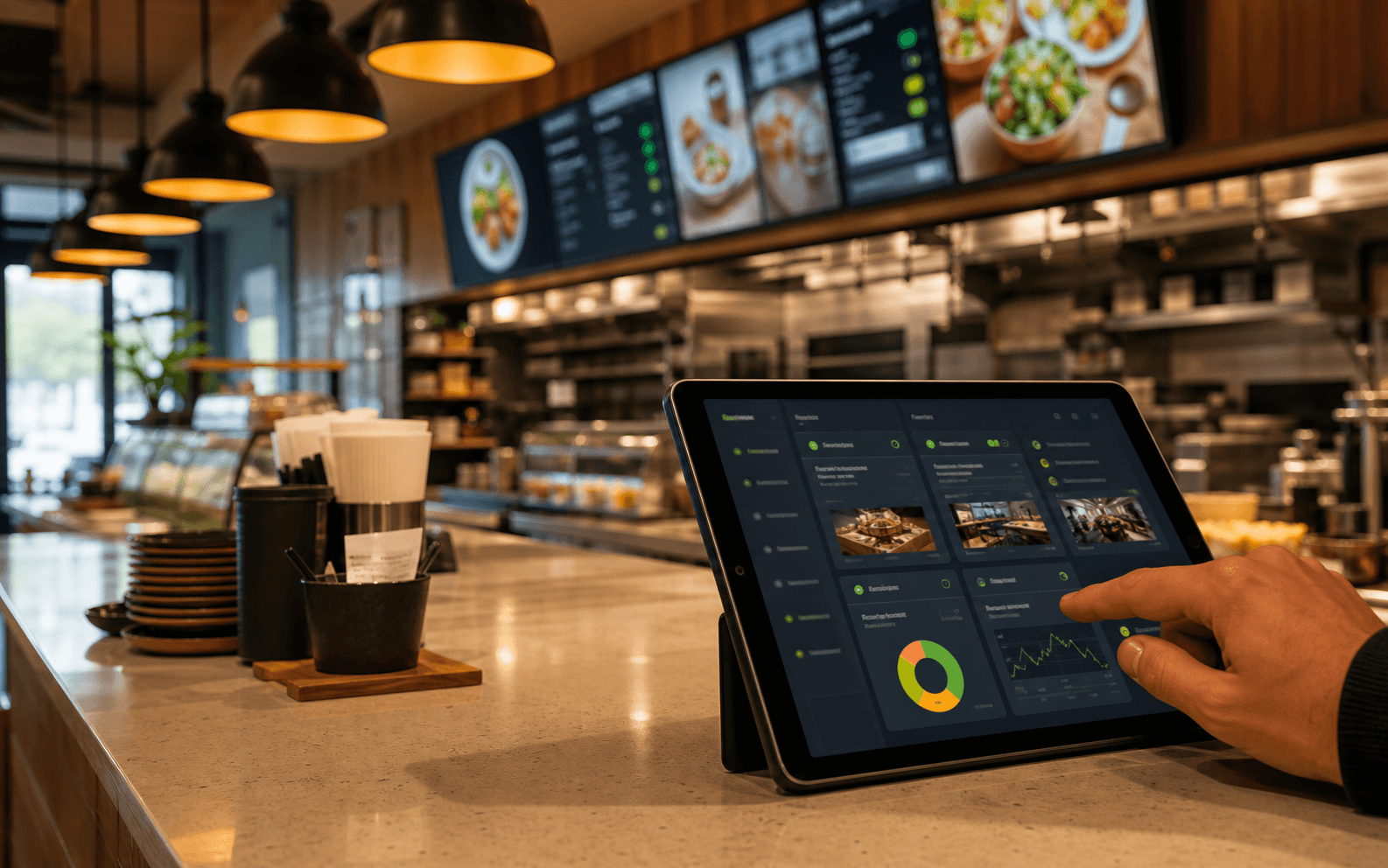 TVMenus workflow dashboard on a tablet inside a warm fast-casual restaurant