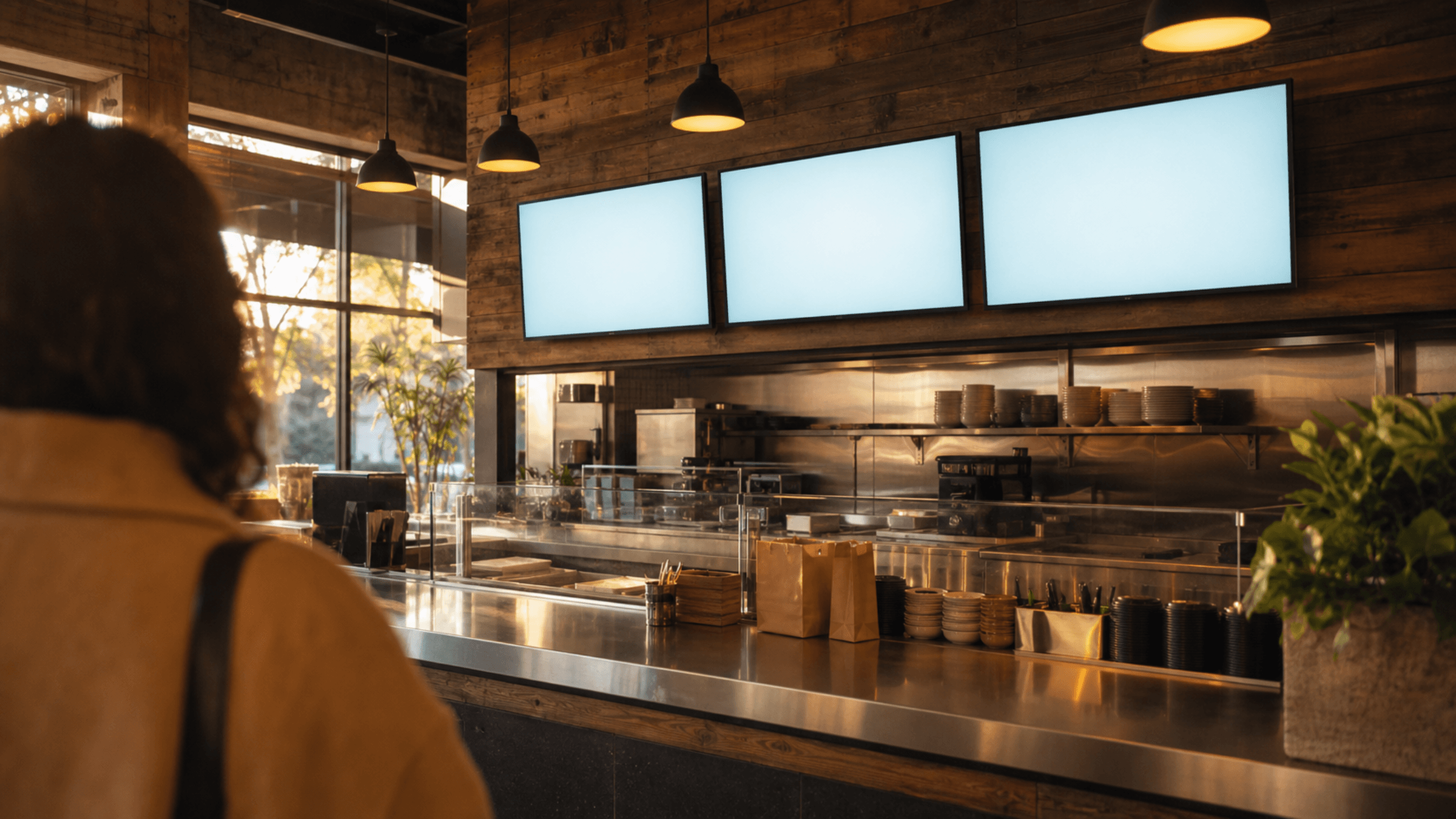 Restaurant counter with menu boards running directly on televisions