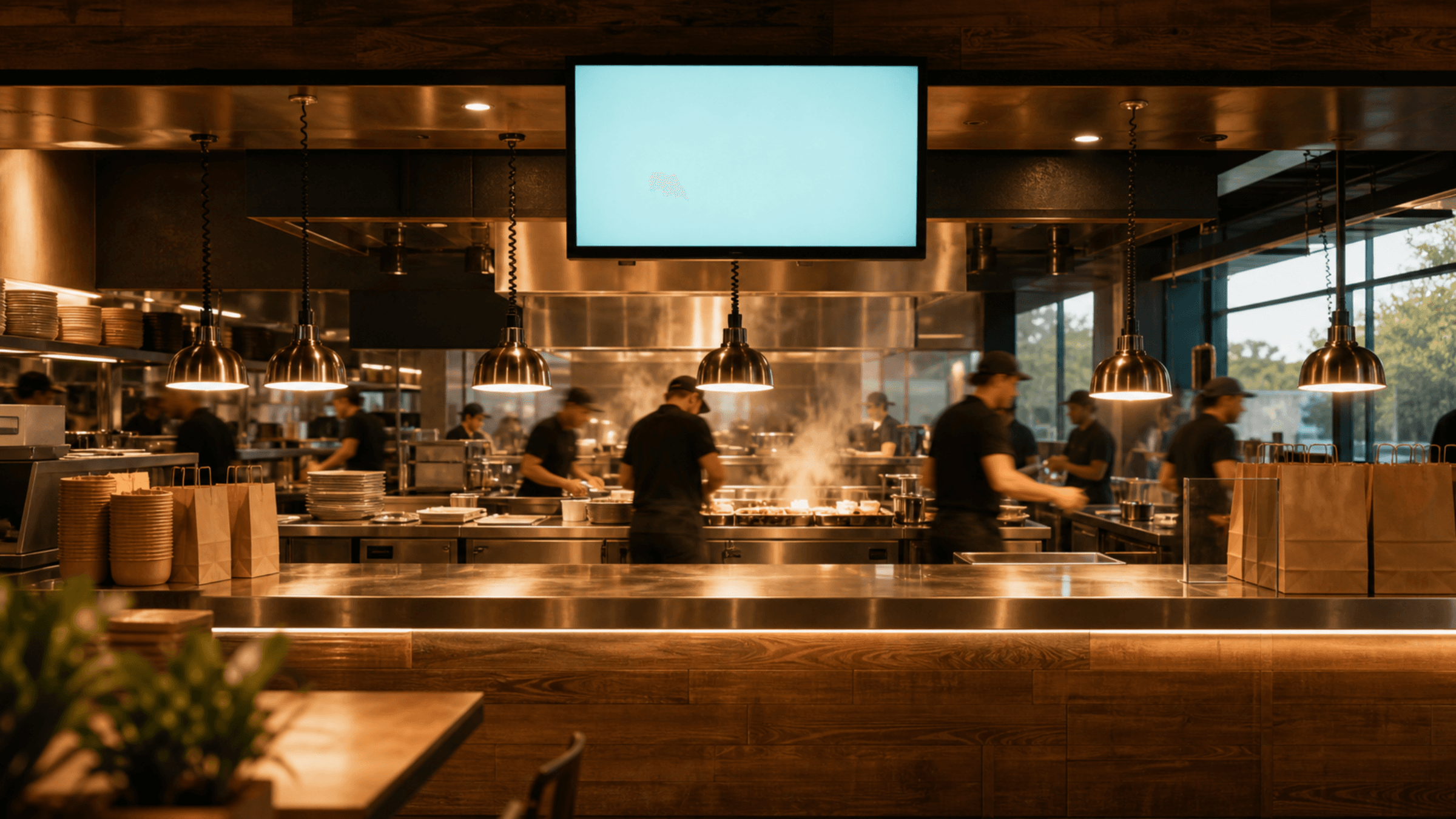 Open restaurant expo line with warm heat lamps and a blank glowing kitchen display