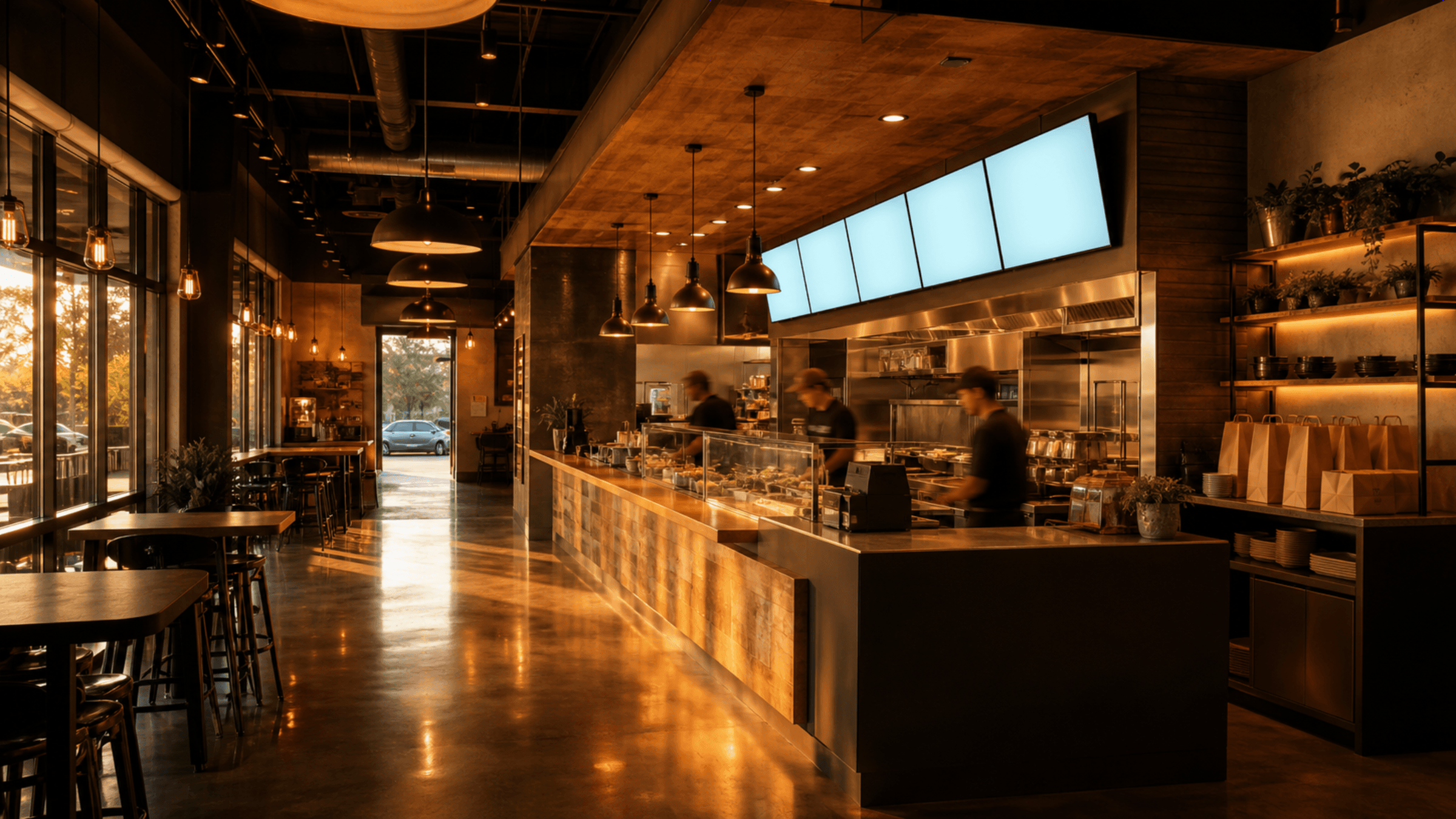 Ultra-wide golden-hour restaurant interior with counter screens, pickup shelves, and staff in motion