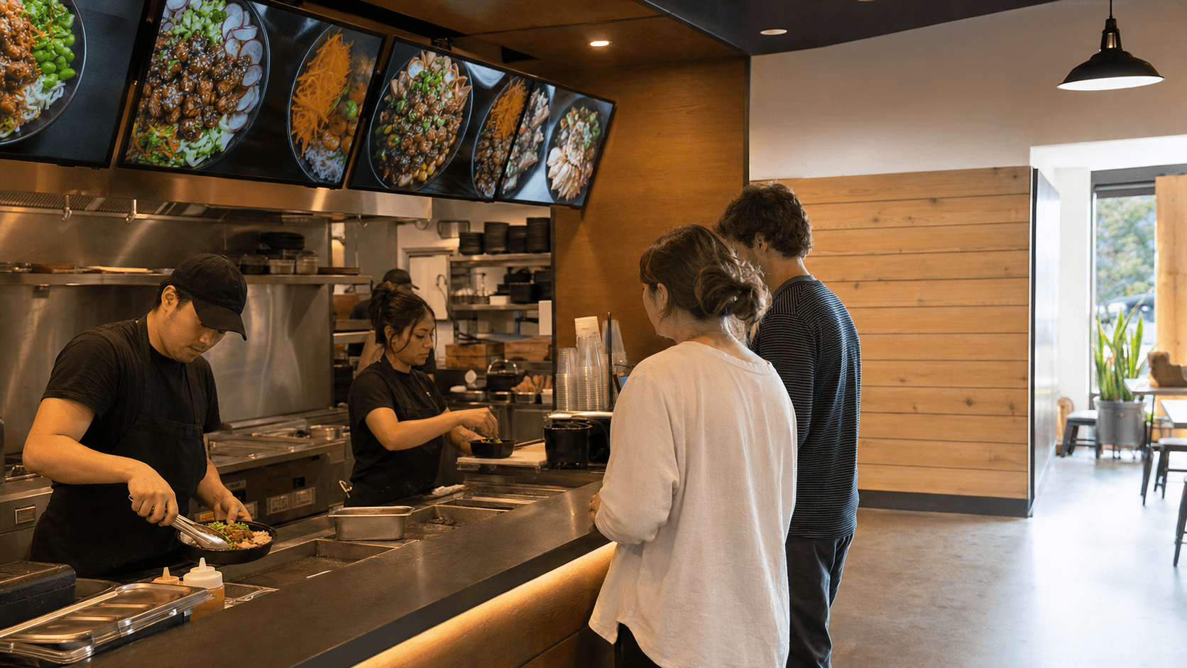 Restaurant team serving lunch beneath a row of digital menu screens