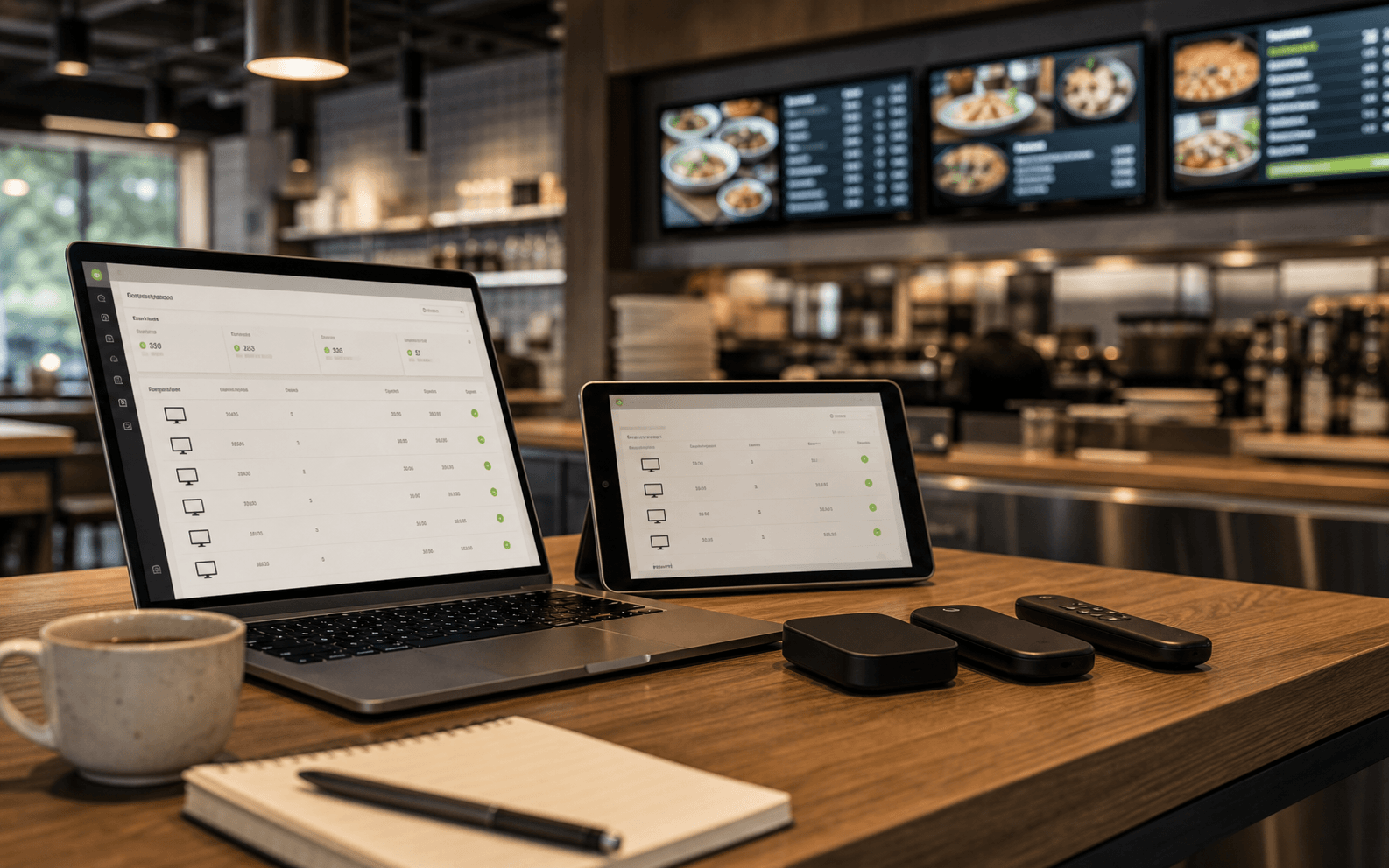 TVMenus screen-count planning dashboard on restaurant manager devices