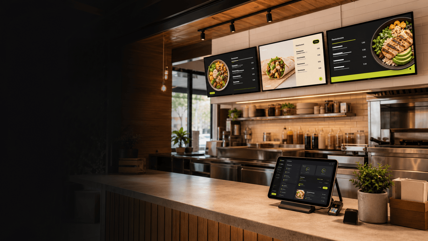 Restaurant counter with TVMenus digital menu boards across multiple screens